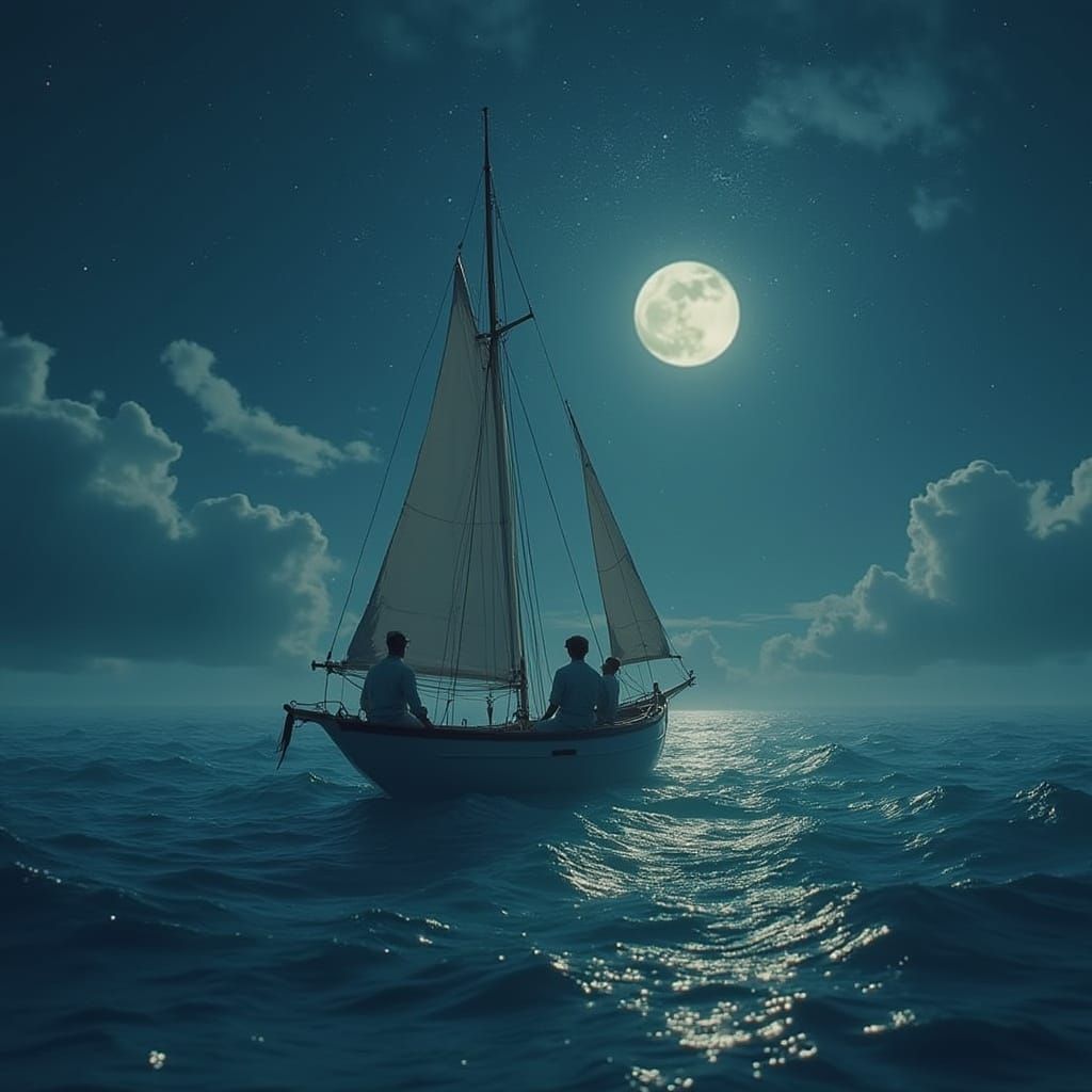 Sailors Drifting on Starry Ocean: 5D Hyperrealistic Renderin...