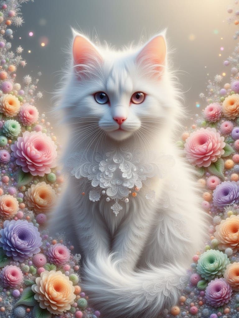 Whimsical Fractal Cat in a Dreamy Landscape
