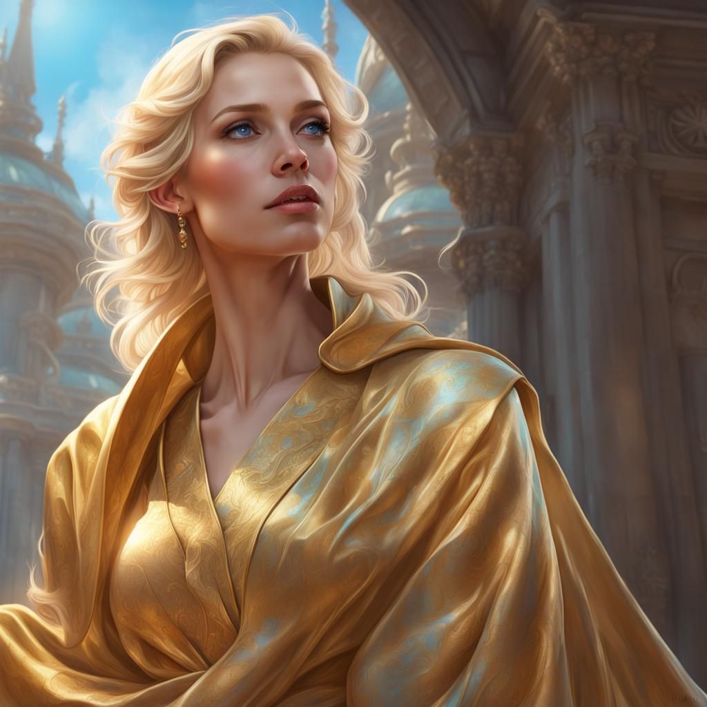 Elegant Blonde Woman in Golden Robes: Hyperdetailed Portrait
