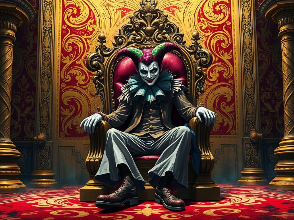 Melancholic Jester Surrounded by Opulent Grandeur in Vibrant...