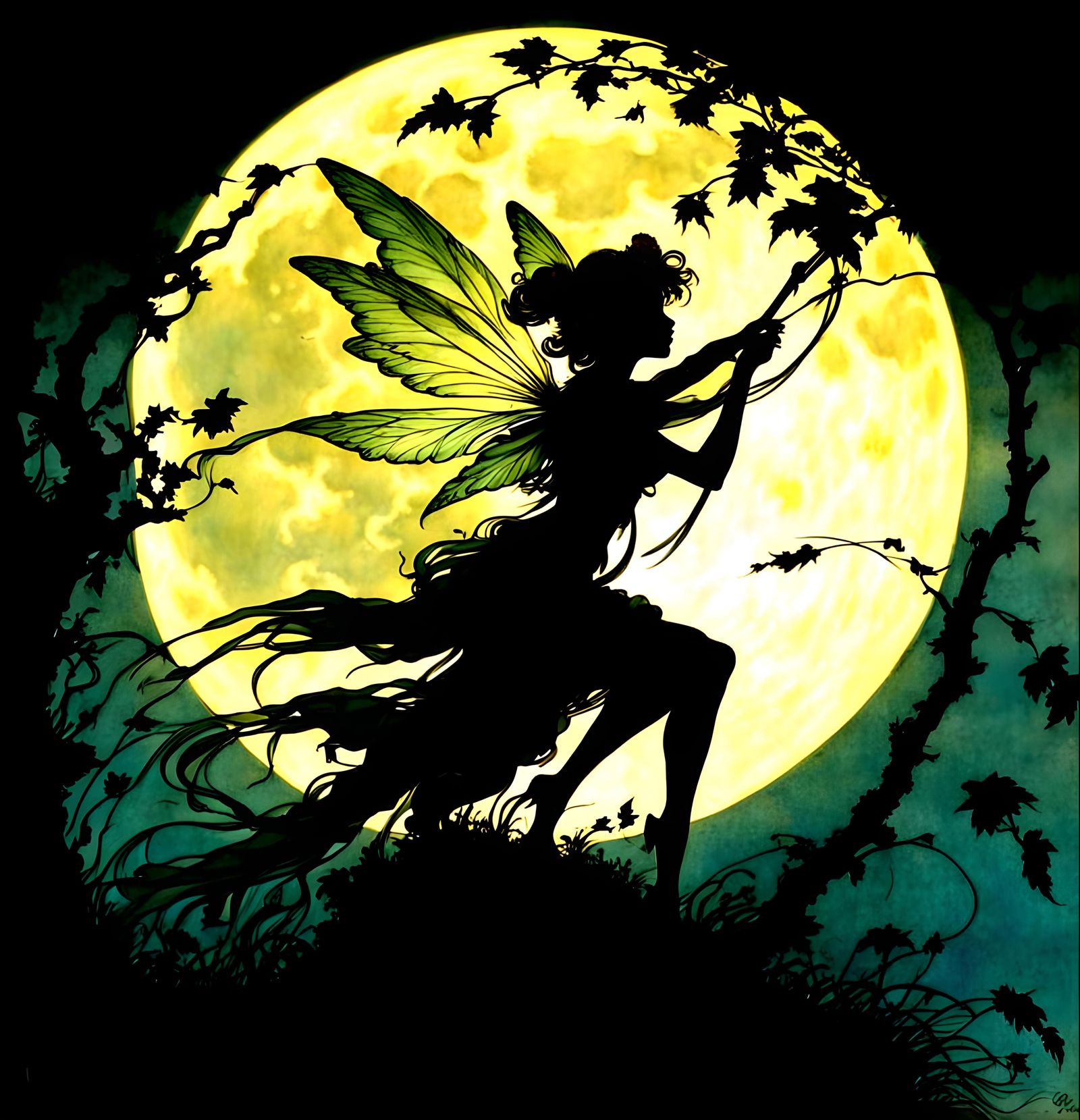 Exquisite fantasy fairy harvest moon, neon silhouette, by Ar...