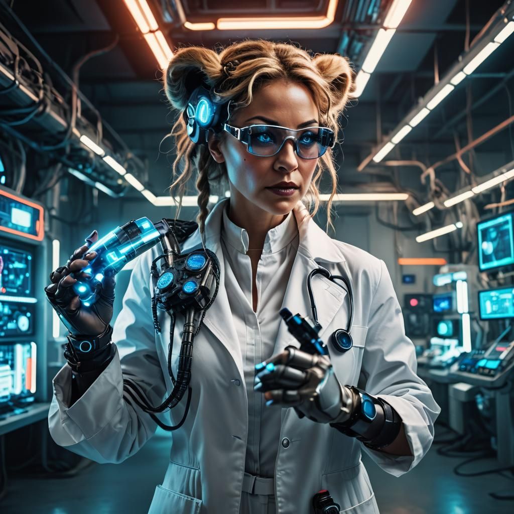Cyberpunk Lioness Scientist in Futuristic Lab