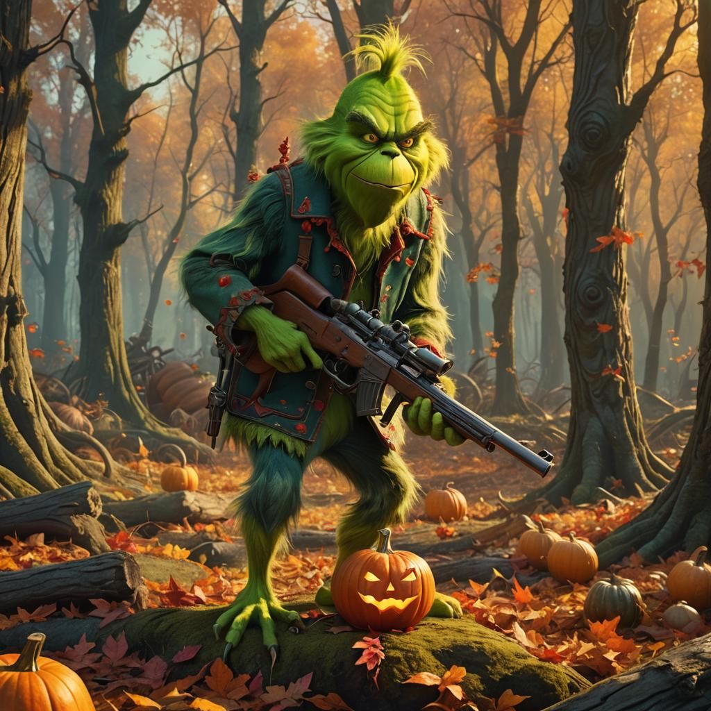 The Grinch with Pumpkin Gun in Autumnal Forest