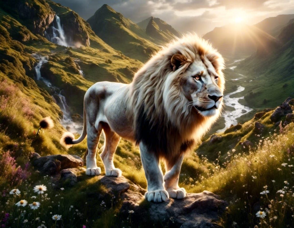Majestic White Lion Overlooking Valley in Dark Fantasy