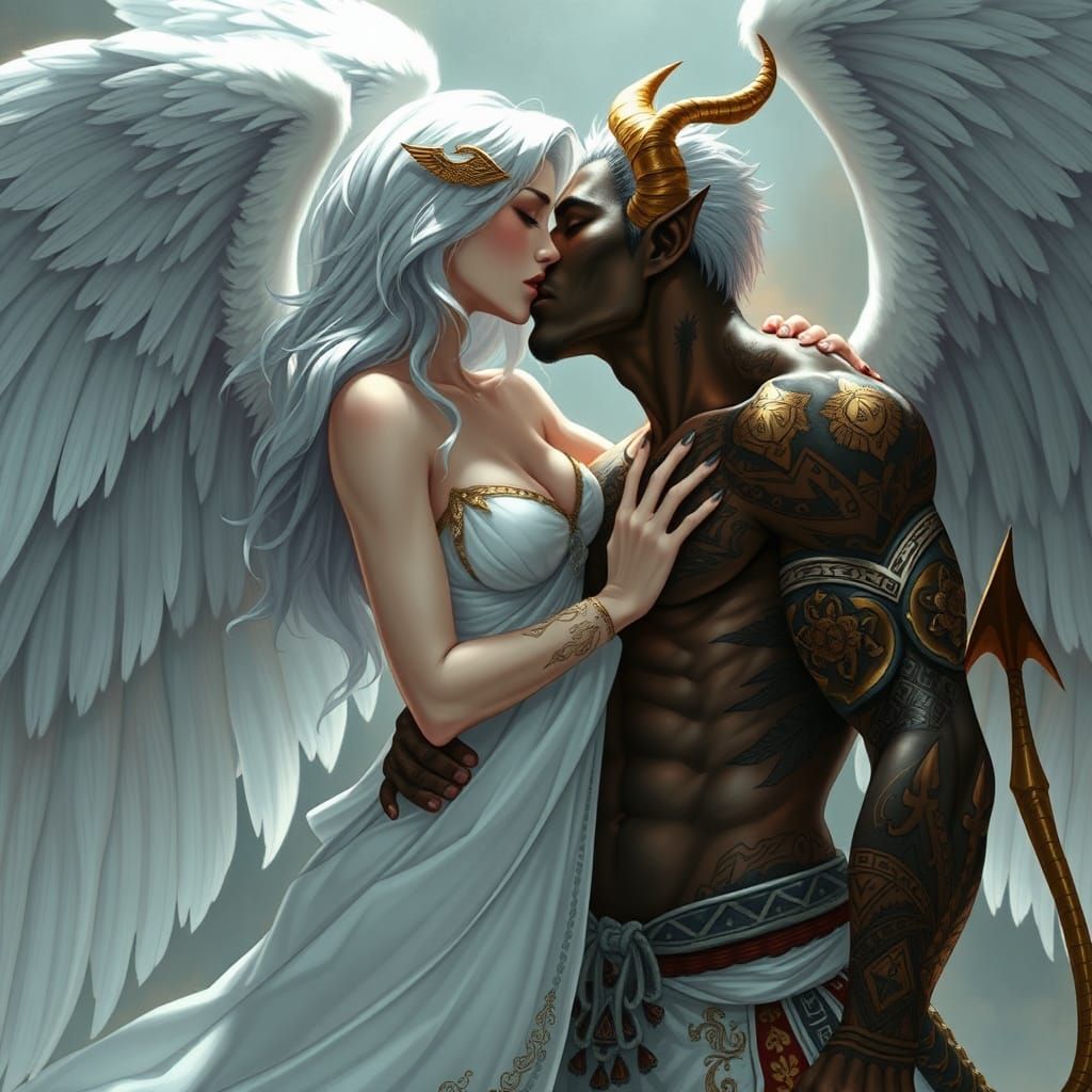 Angel Kissing a Demon in Manga Style