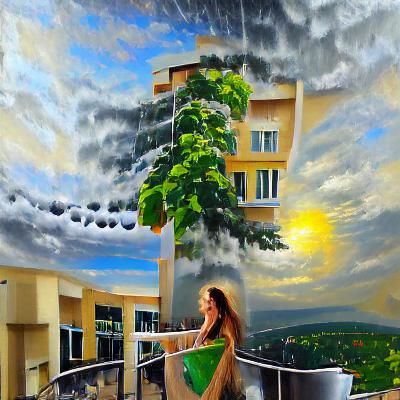 Woman Drinks Coffee: 3D Acrylic Art Balcony Scene