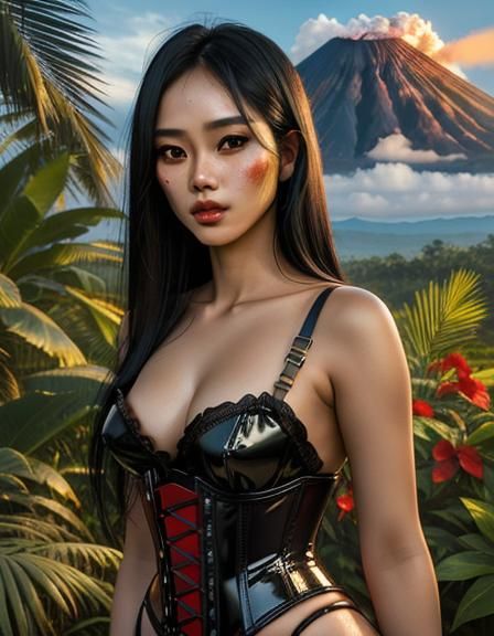 Tropical Beauty in Volcanic Landscape: Hyperrealistic Photo