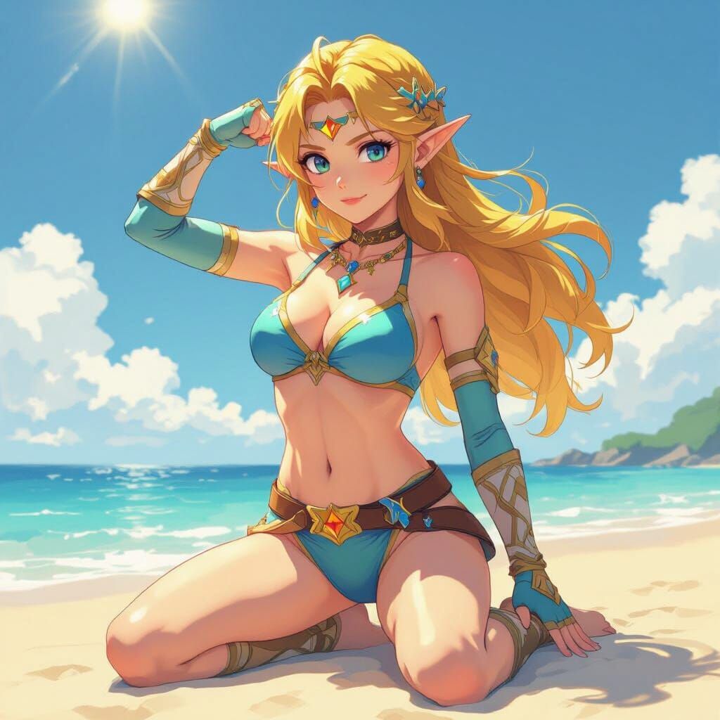Princess Zelda in Bikini Flexes Abs on Sunny Beach
