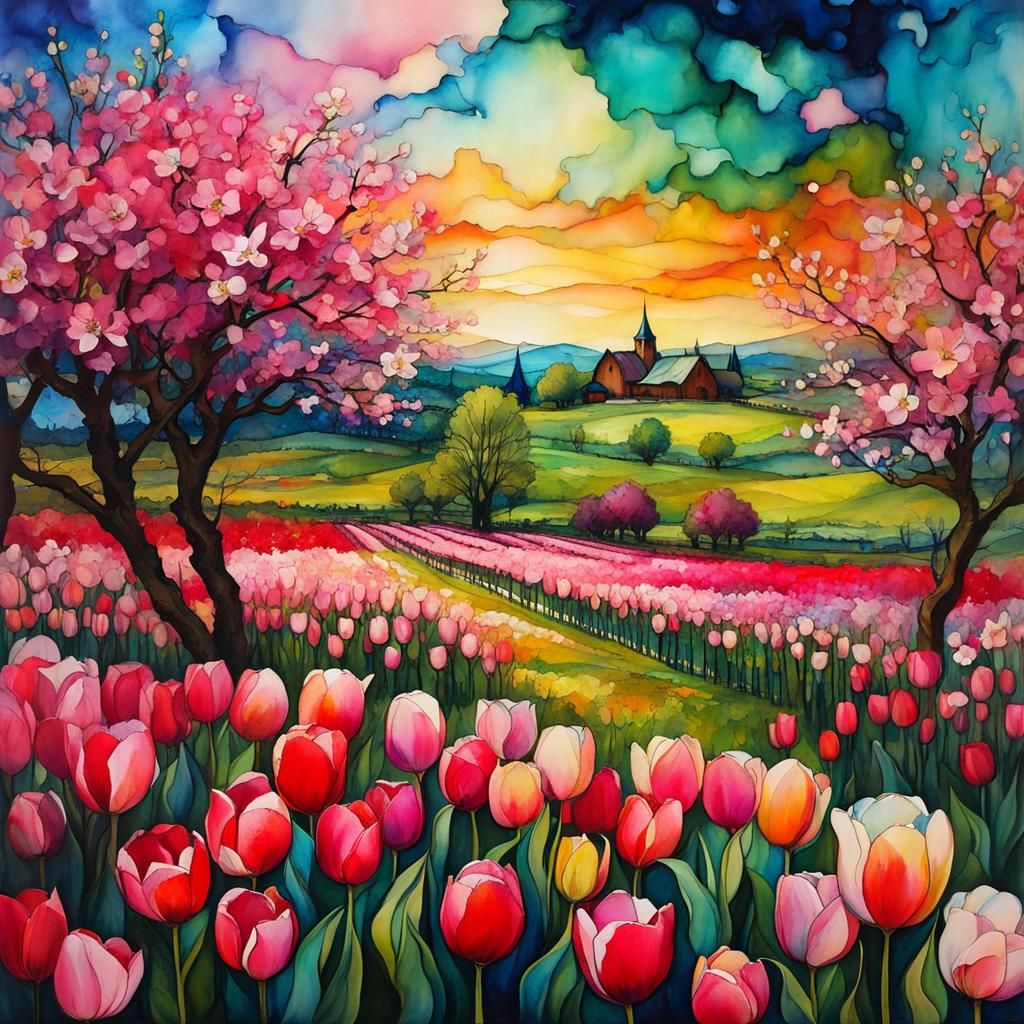 Orchard Sunrise: Anime-Inspired Alcohol Ink Art