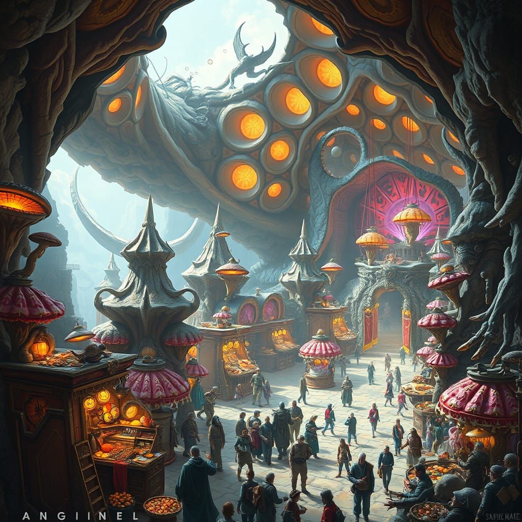 Alien Marketplace Inside Giant Petrified Leviathan