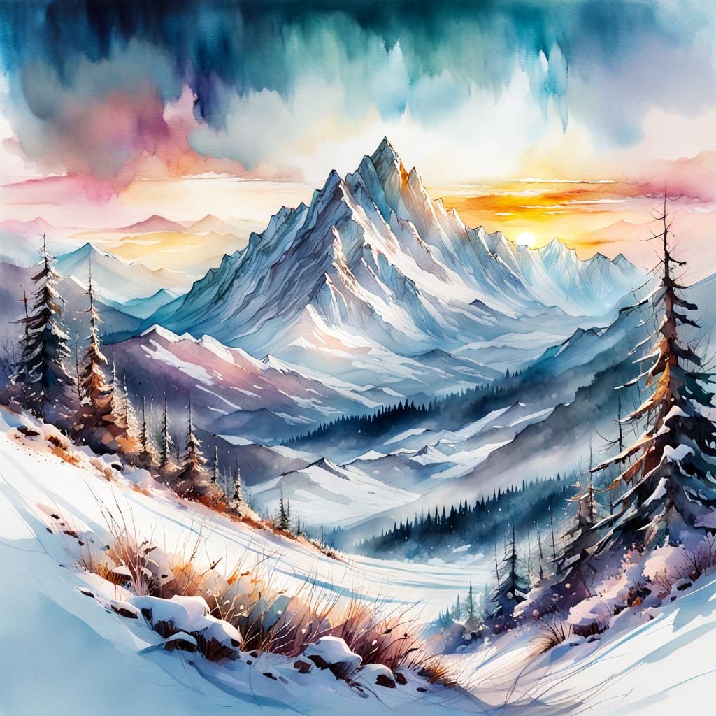 Winter Mountain Sunrise in Digital Watercolor Style