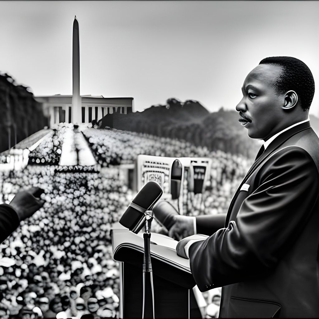 Martin Luther King giving speech near Lincoln Memorial in Washington DC