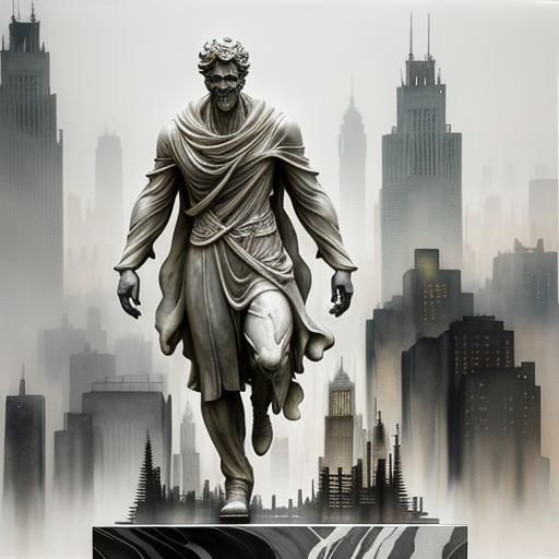 Surreal Double Exposure: Marble Statue and Dystopian Citysca...