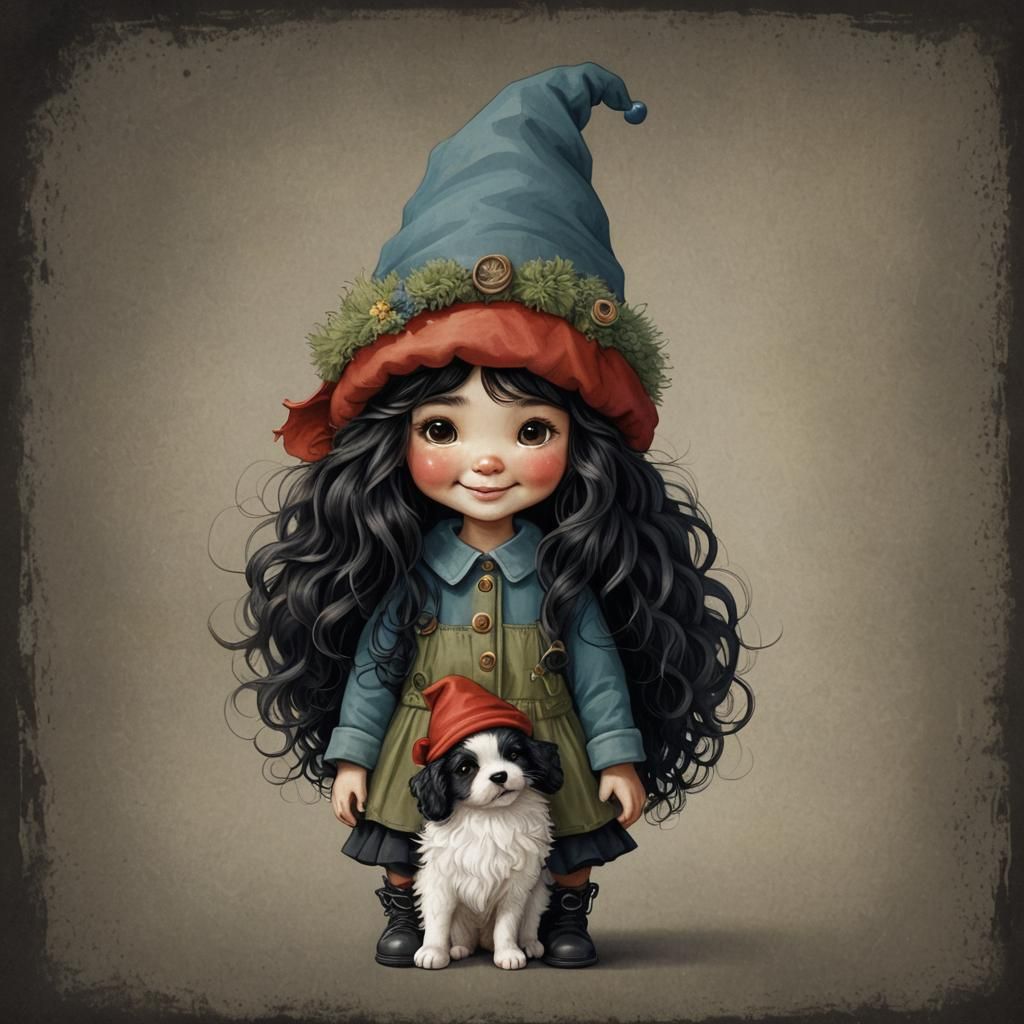 Whimsical Gnome Girl and Puppy Illustration