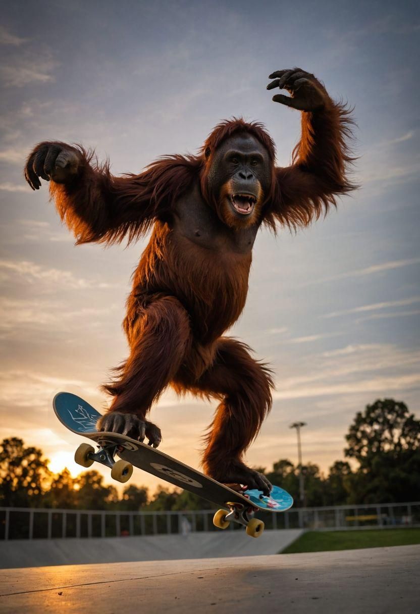 Orangutan Skateboarding at Sunset: Sports Photography