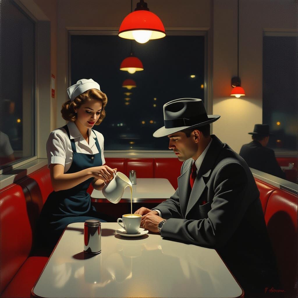 1950s Diner Scene: Man at Counter, Waitress Pours Coffee