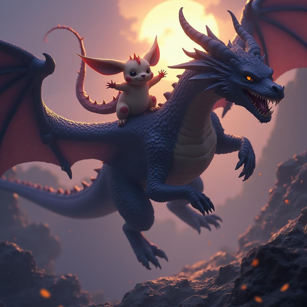 Pikachu on Dragon in Epic Battle, Art Nouveau Style