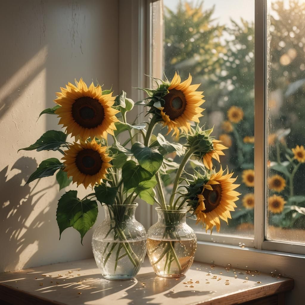 Hyperrealistic Sunflowers on Windowsill in Vibrant Colors