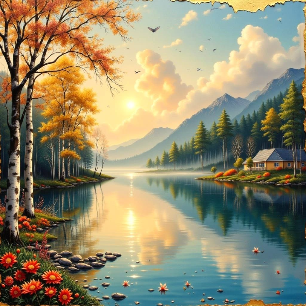 Magical Lake Reflection with Smoke and Mist in Mixed Media