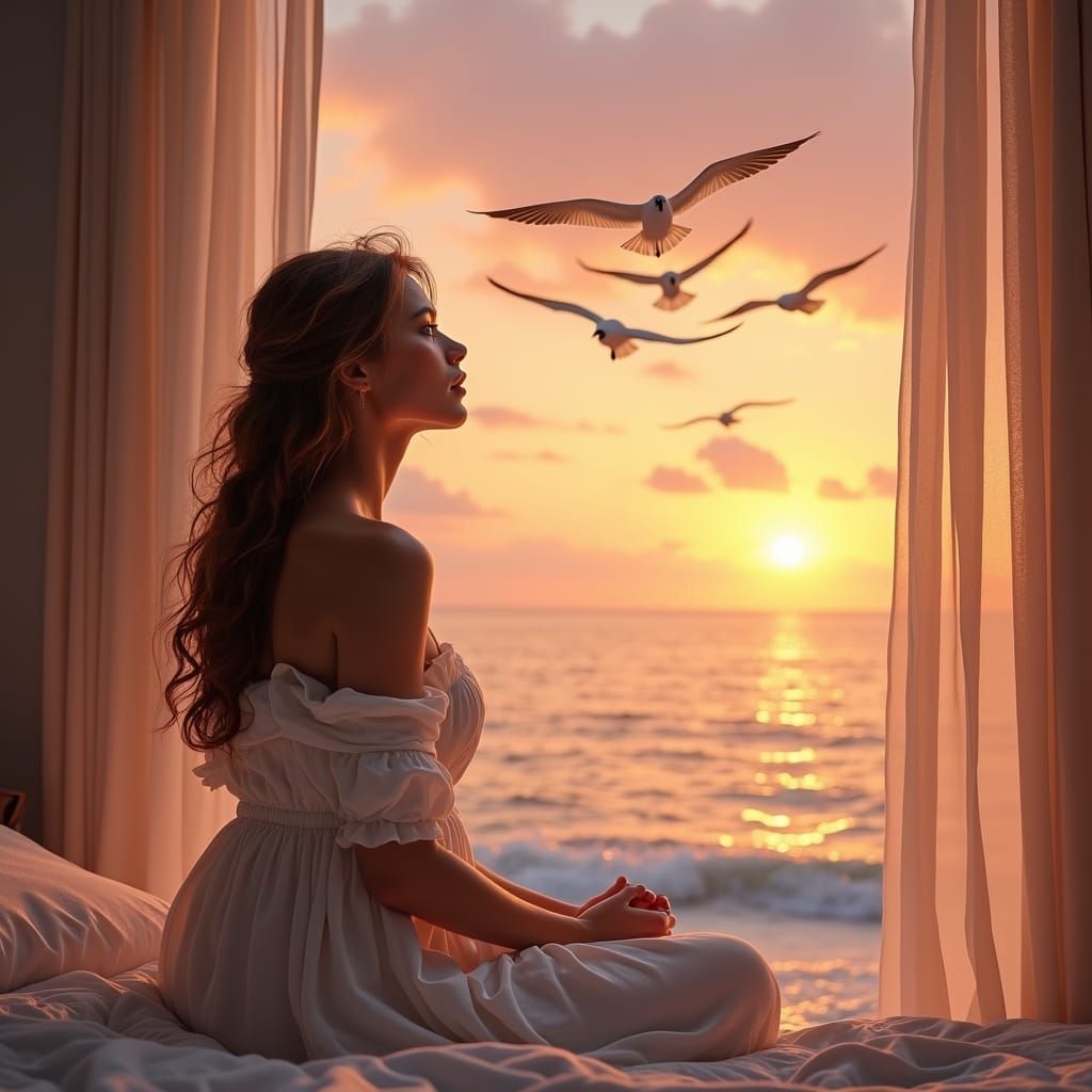 Sunset Serenity: Woman Gazing from Bedroom Window