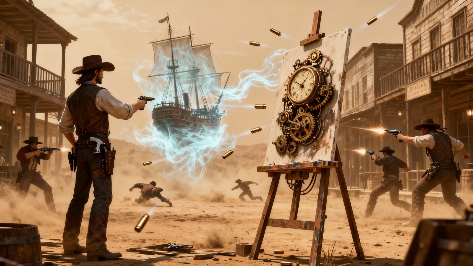 Steampunk Artist Paints Ghost Ship During Western Shootout