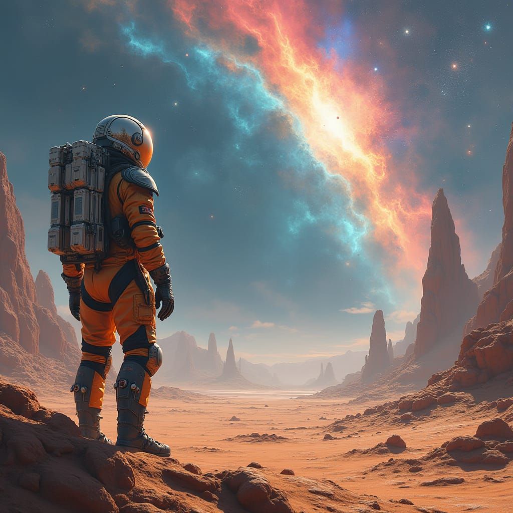 Astronaut Gazing Up at Swirling Nebula in Futuristic Spacesu...