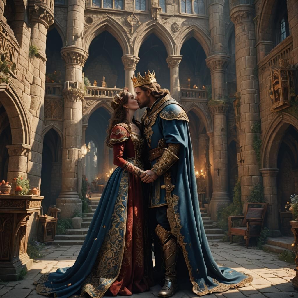 Medieval King Kissing Wife: Detailed Matte Painting