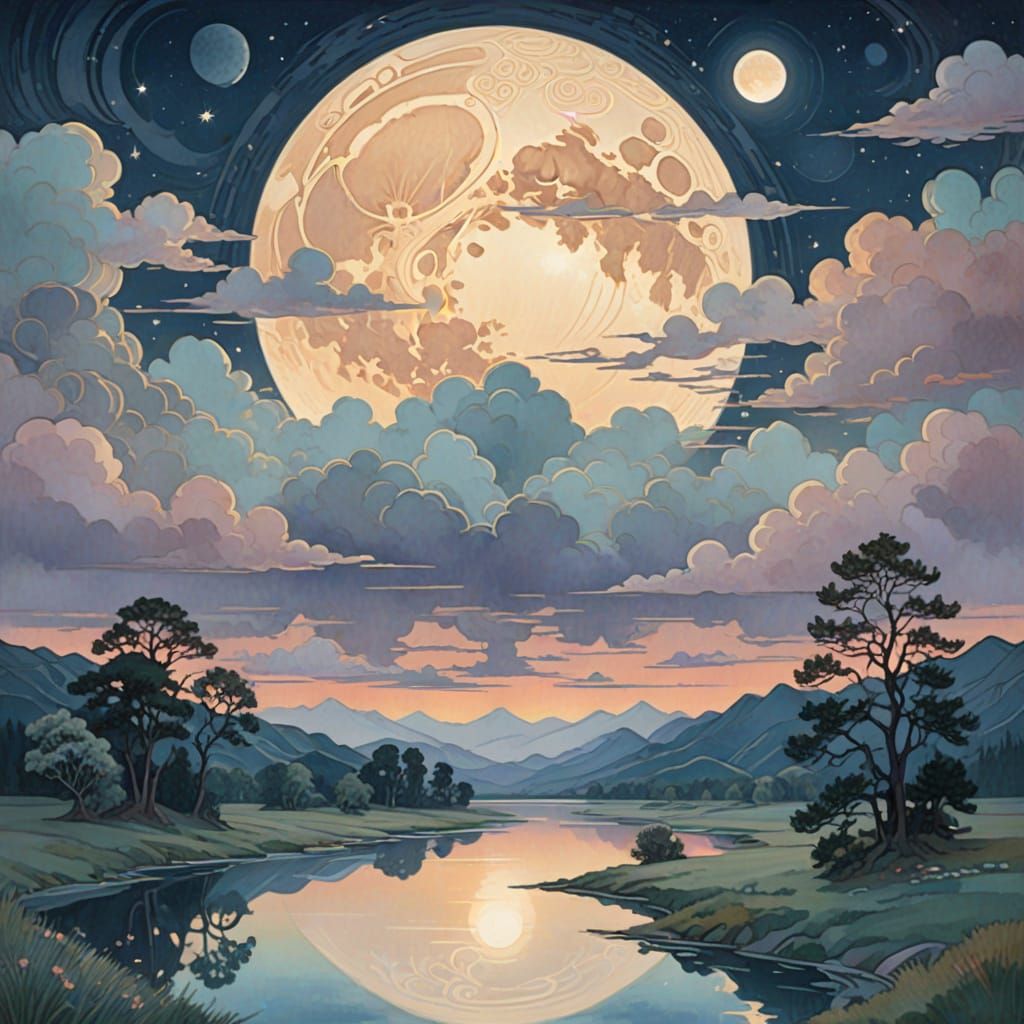 Art Nouveau Moonlit Landscape Painting