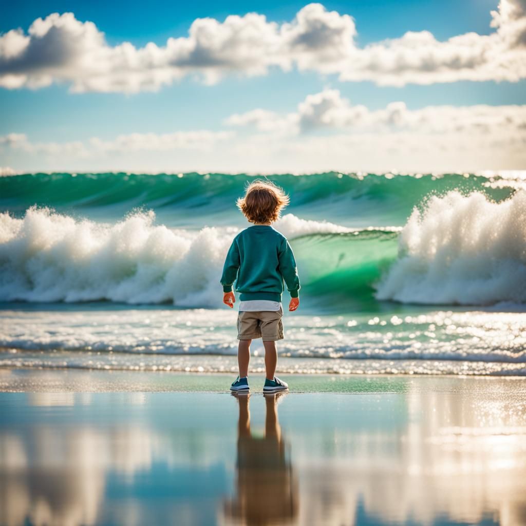 Child on Beach with Crashing Wave