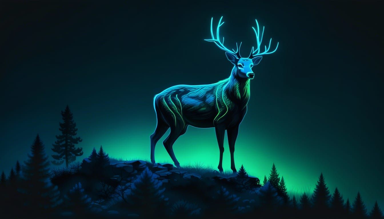 Neon Deer on a Ridge at Night