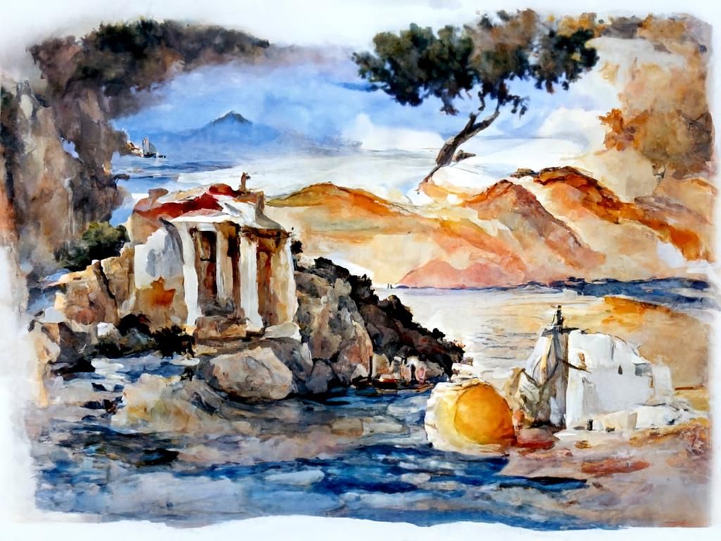 Watercolor Seascape of a Sunny Greek Island