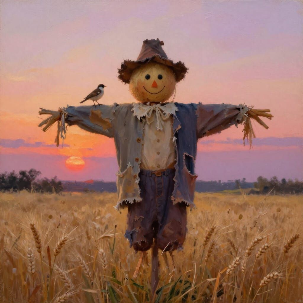 Scarecrow in Golden Wheat Field at Sunset