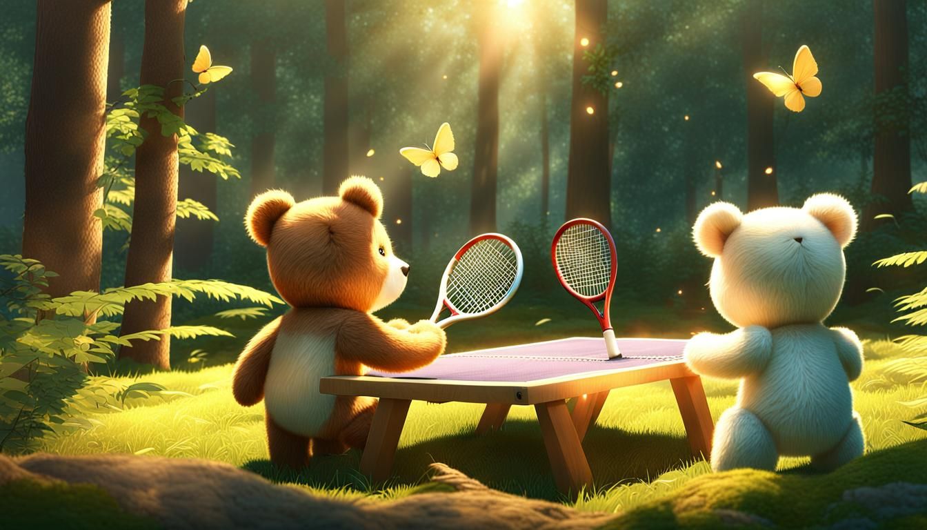 Kawai Teddy Bears, playing Tennis in a forest glade. Rays of...