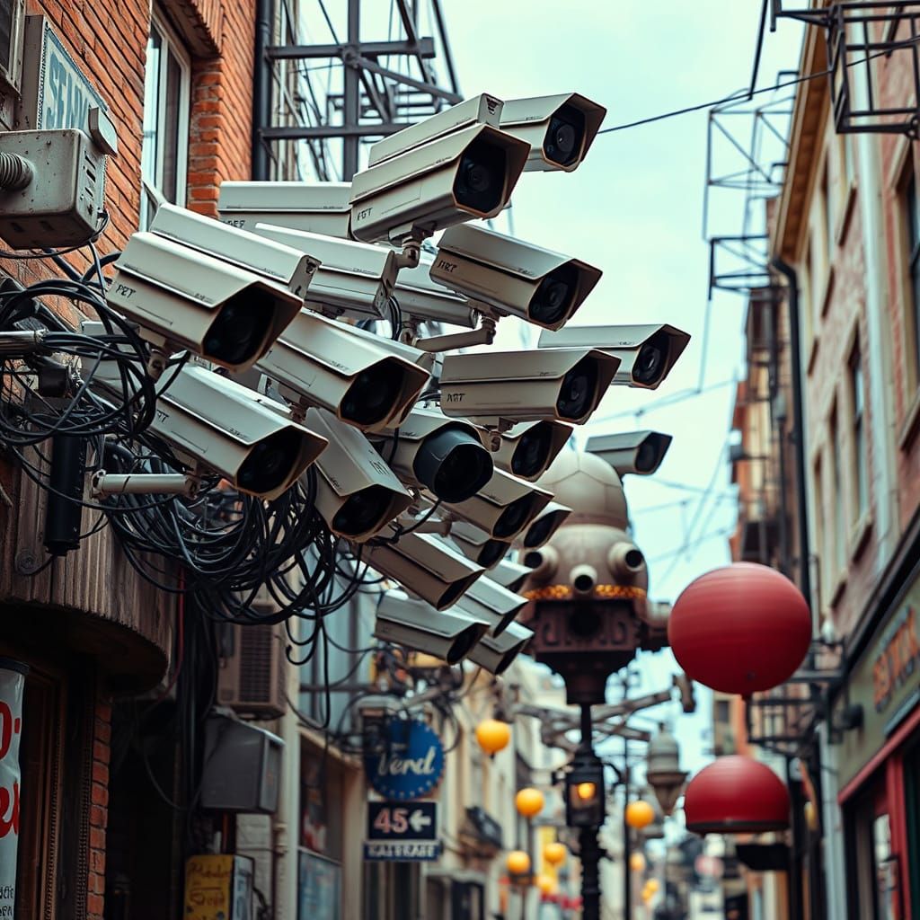 Steampunk Street Scene with Pervasive CCTV Surveillance