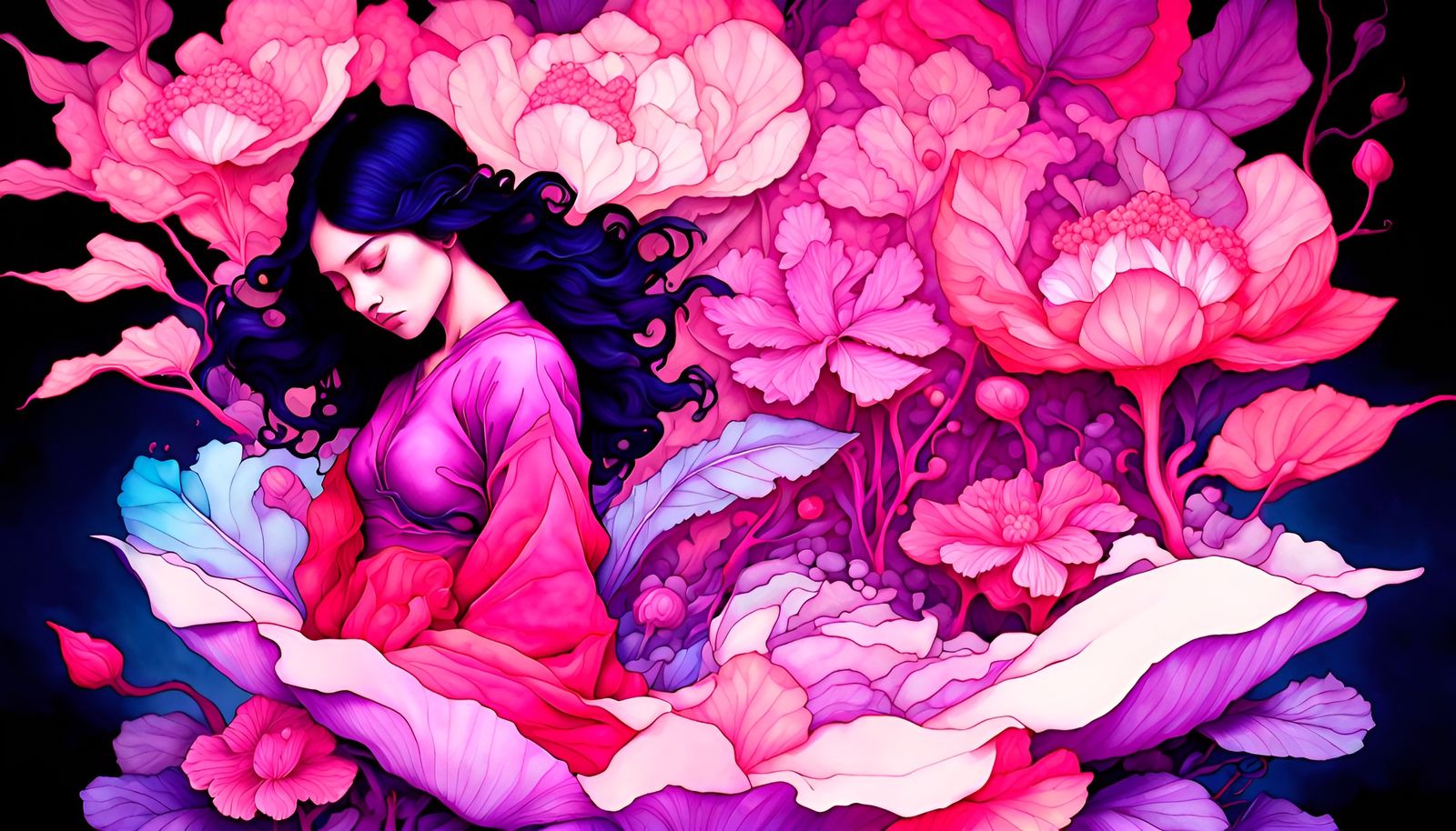 Glowing Sakura Flowers in Alcohol Ink Drawing Style