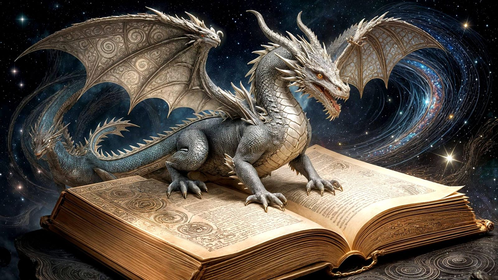 Majestic Dragon on Ancient Book with Cosmic Symbols
