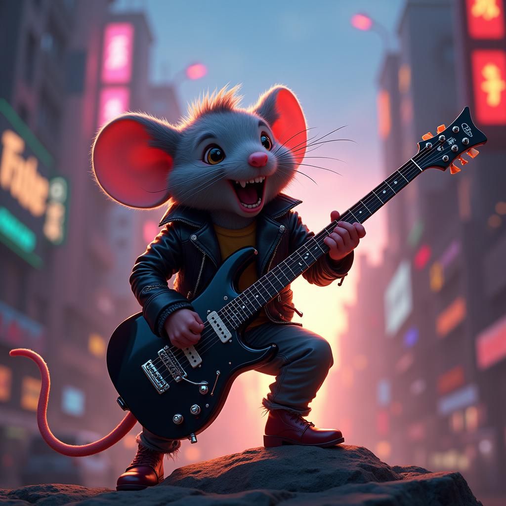 Rock'n'Roll Mouse with Guitar in Cityscape