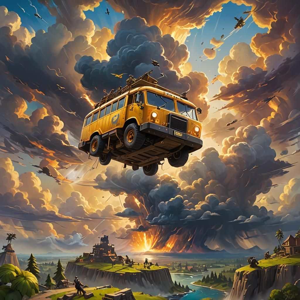 Epic Fortnite Battle Bus Soars in Oil Painting