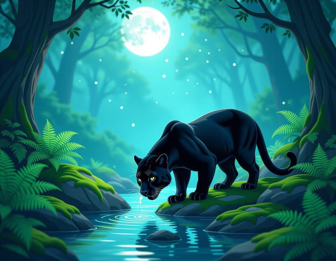 Moonlit Black Panther in Mystical Forest