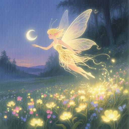 Whimsical Fairy Over Bioluminescent Flowers in Watercolor St...