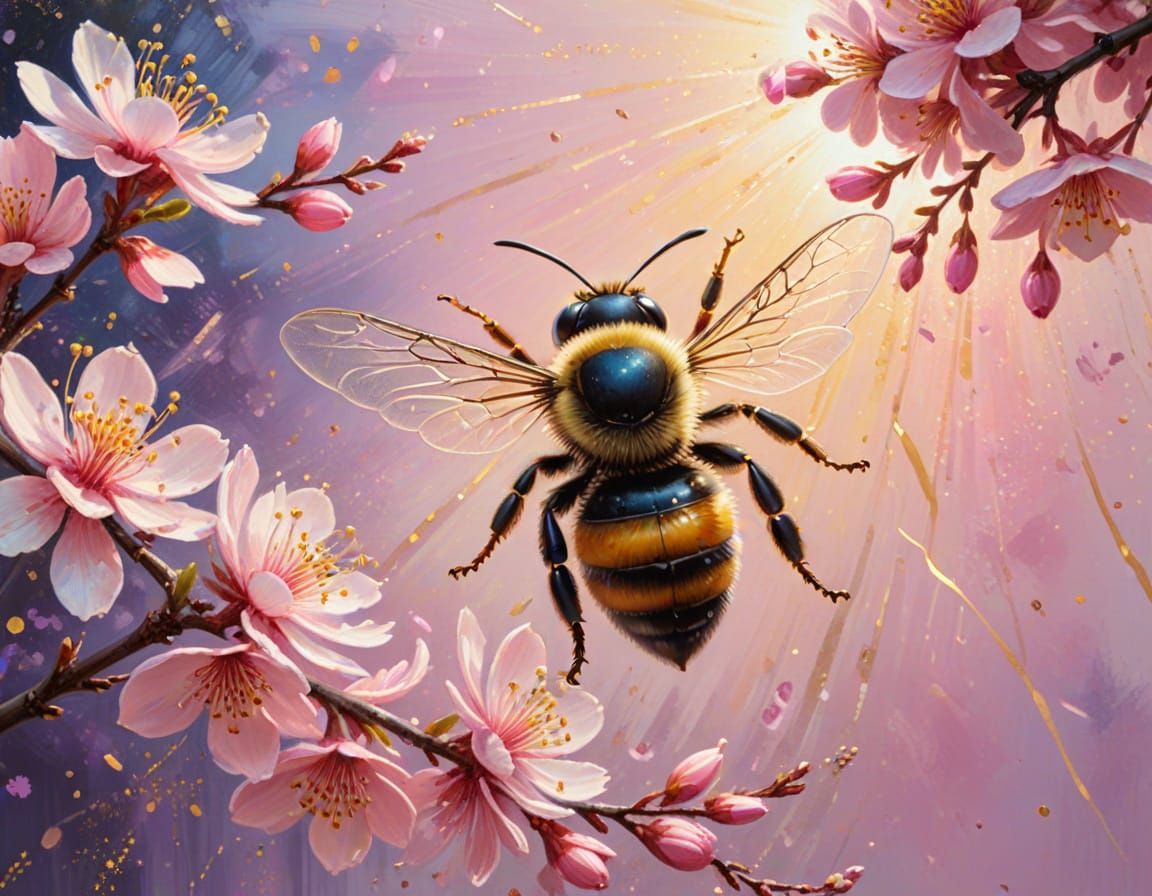 Surreal Bee in Soft Pink Blossoms Leaves Glittering Trail in...