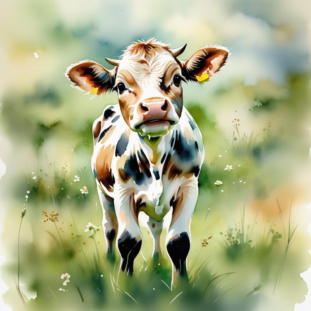 Baby Cow in Meadow: Whimsical Watercolor Painting