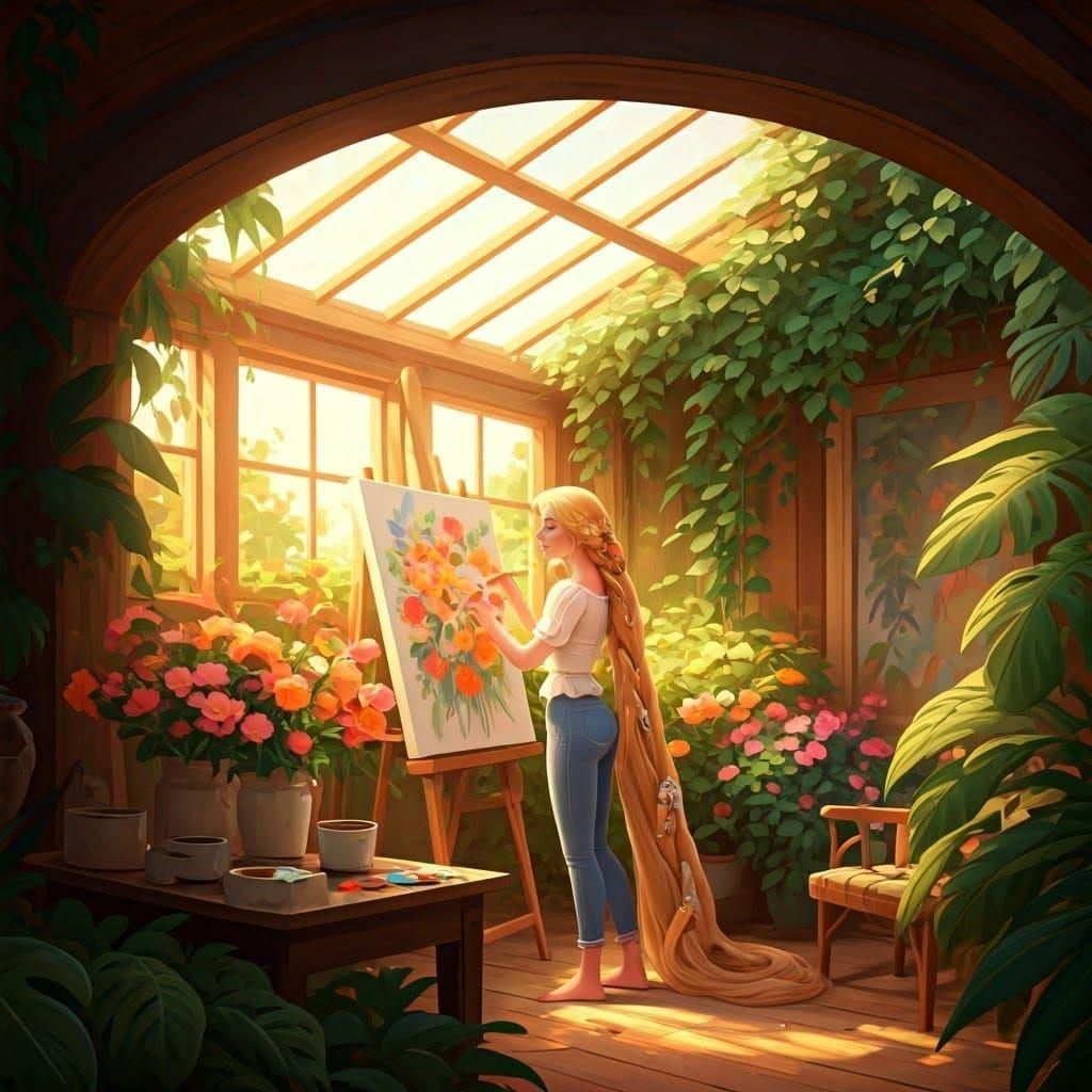 Modern Rapunzel Painting Flowers in Golden Sunlight
