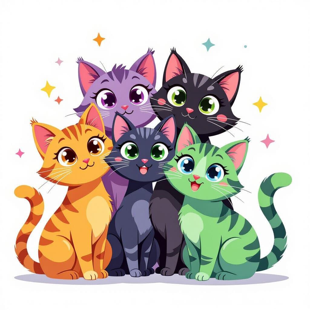 A vibrant and whimsical illustration of five playful cats,