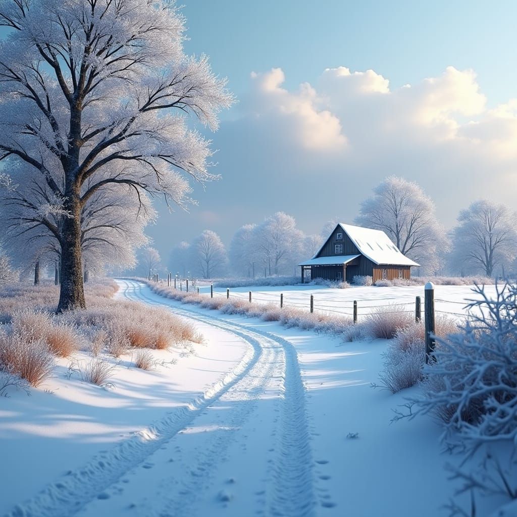 Snowy Countryside Landscape: Detailed Matte Painting