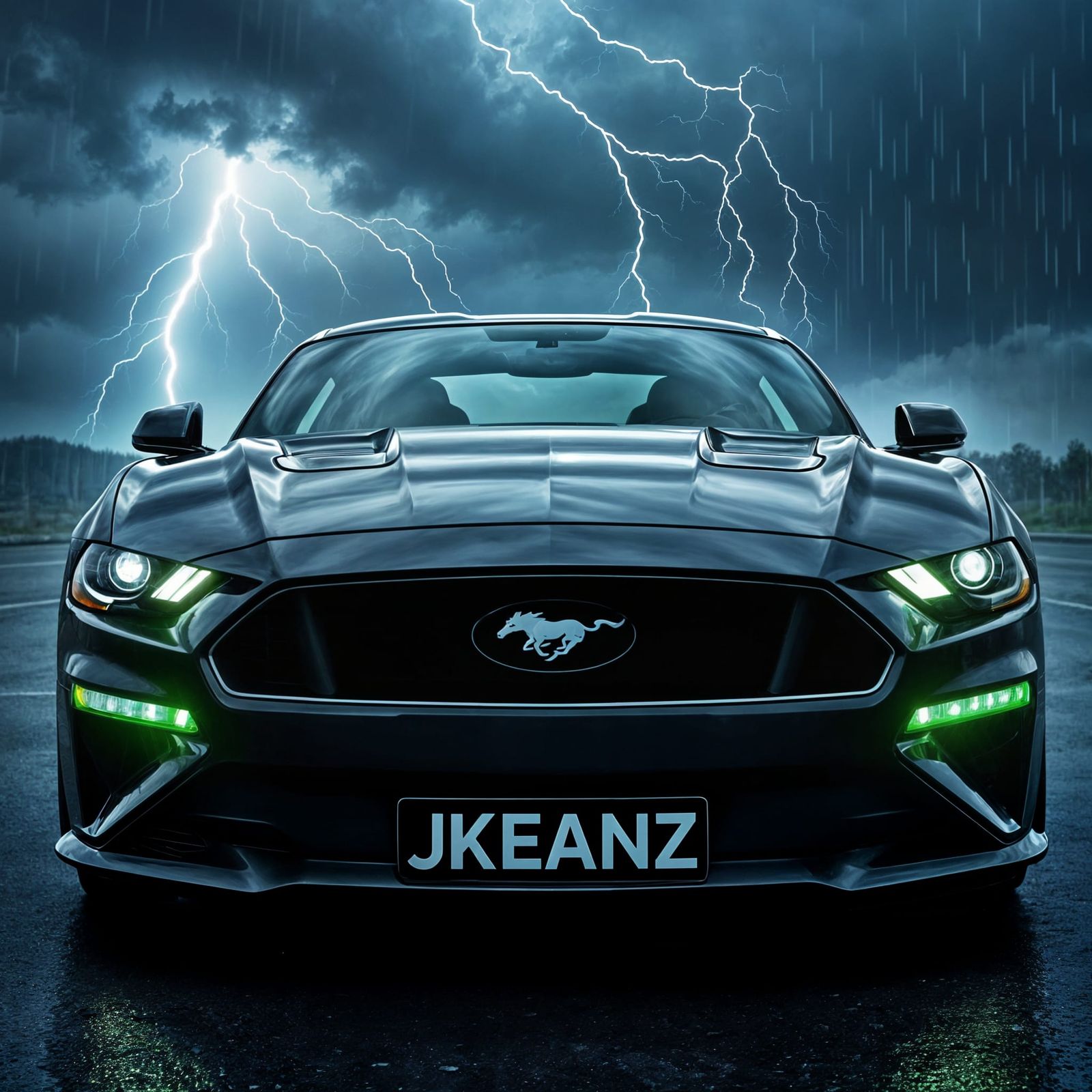 Black Ford Mustang with JKEANZ Logo and Stormy Sky