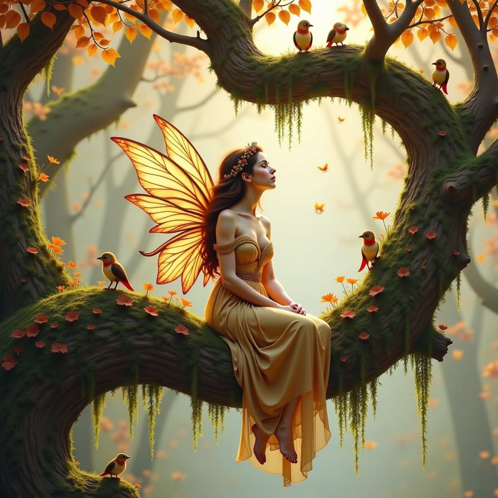 Autumn Fairy on Mossy Branch in Ethereal Style