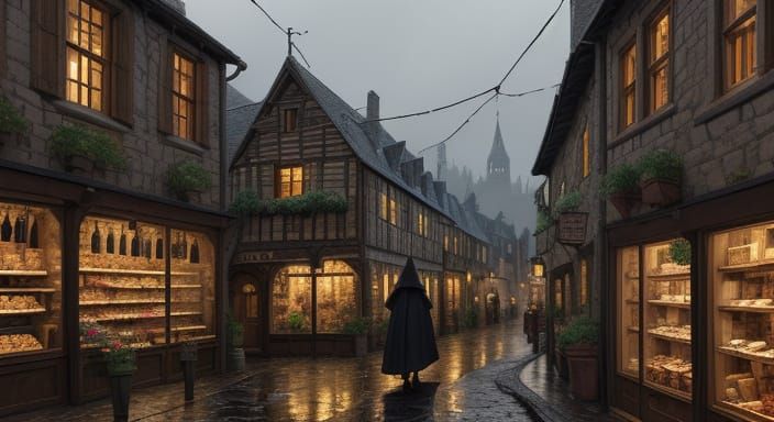 Medieval Village Street at Night with Glowing Lamps