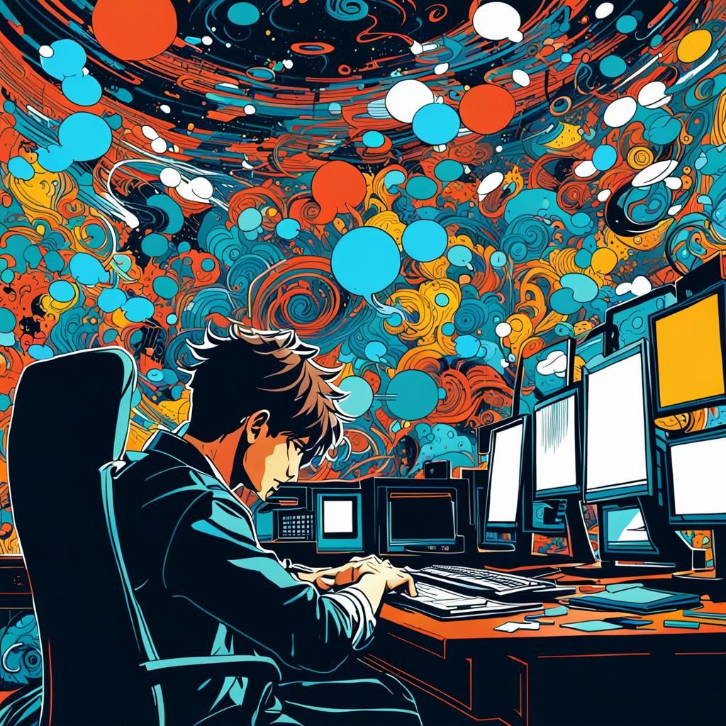 Worried Man with Thought Bubbles in Anime Style