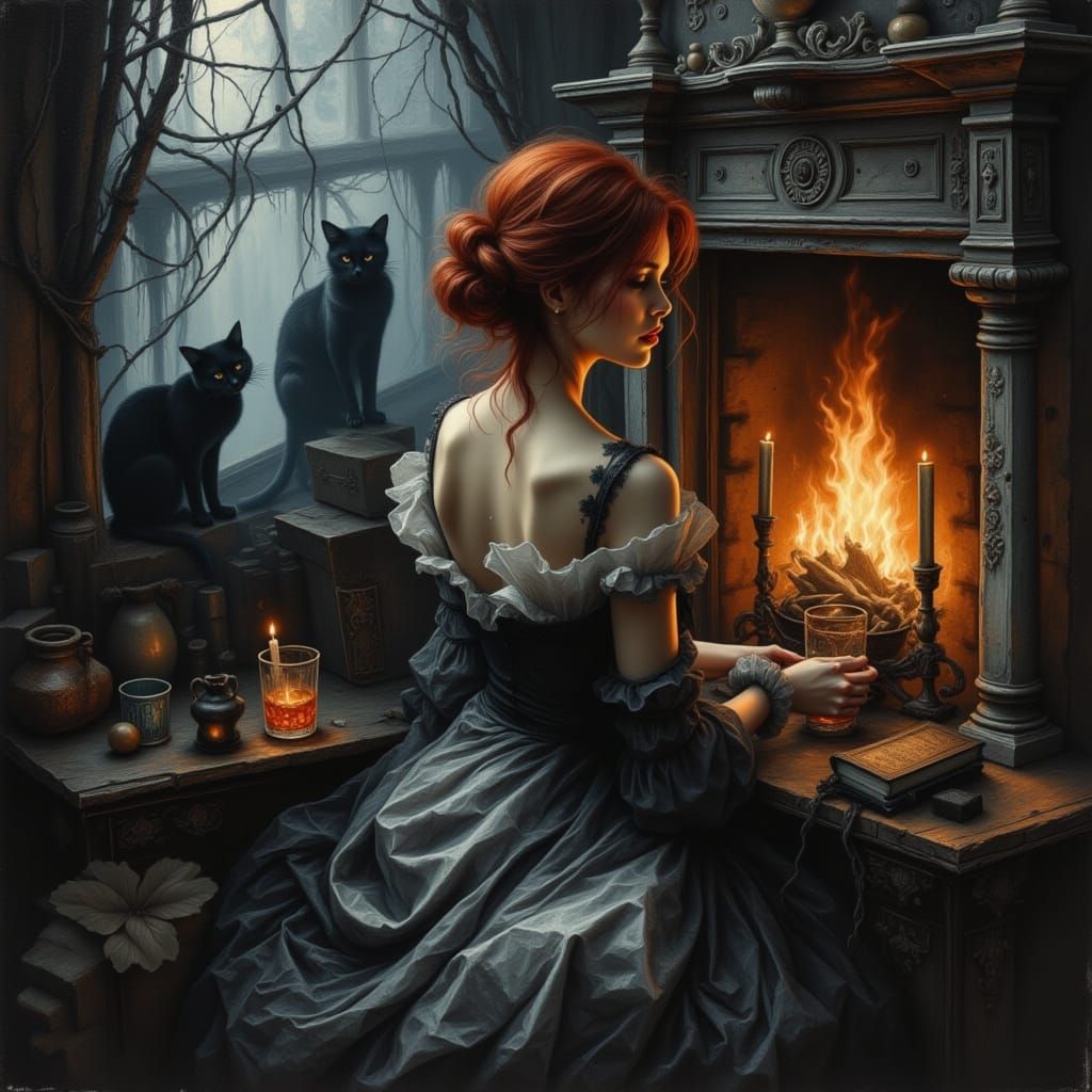 Woman in Haunted Library: Surreal Oil Painting
